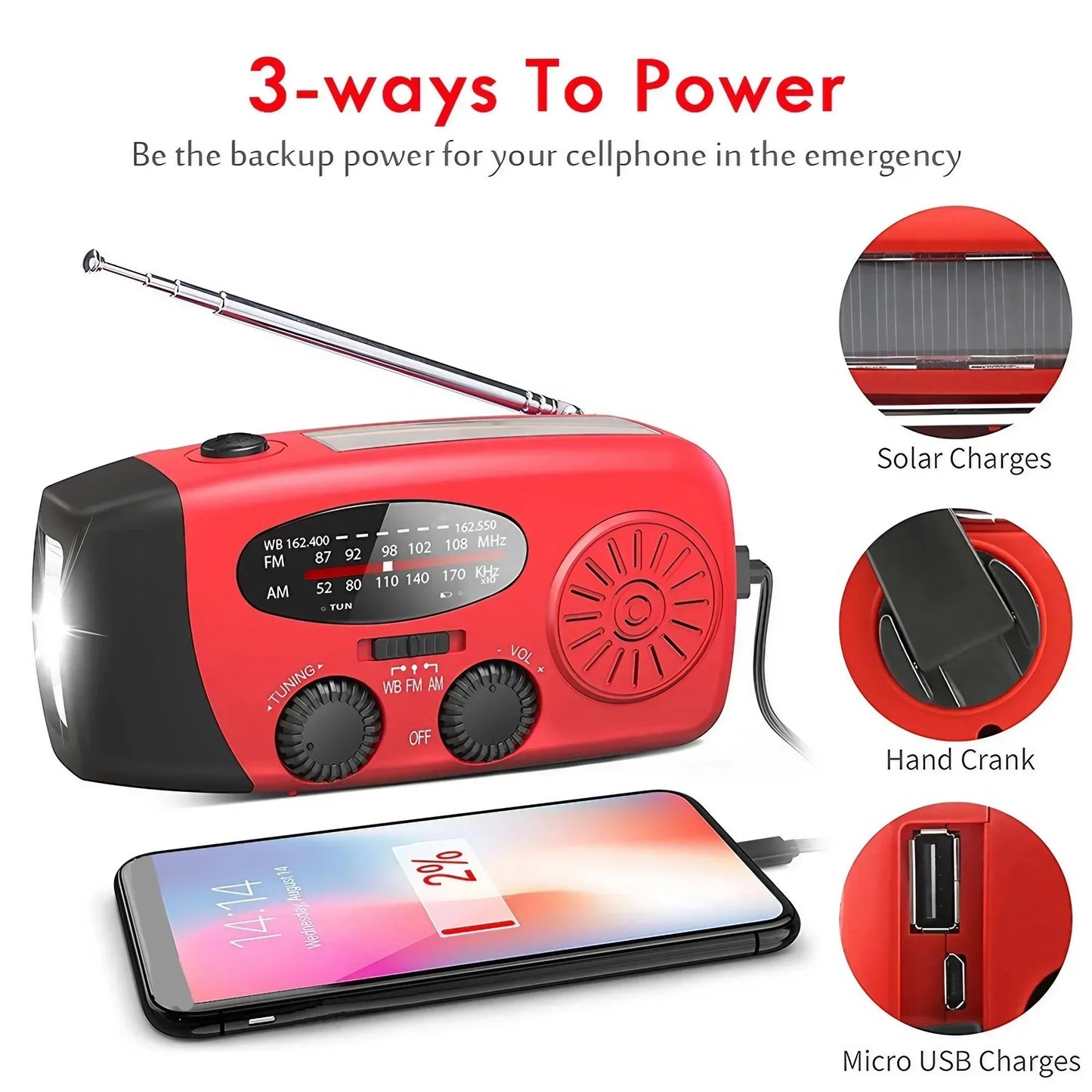 Emergency Weather Radio
Hand Crank Solar Radio With USB Phone Charger